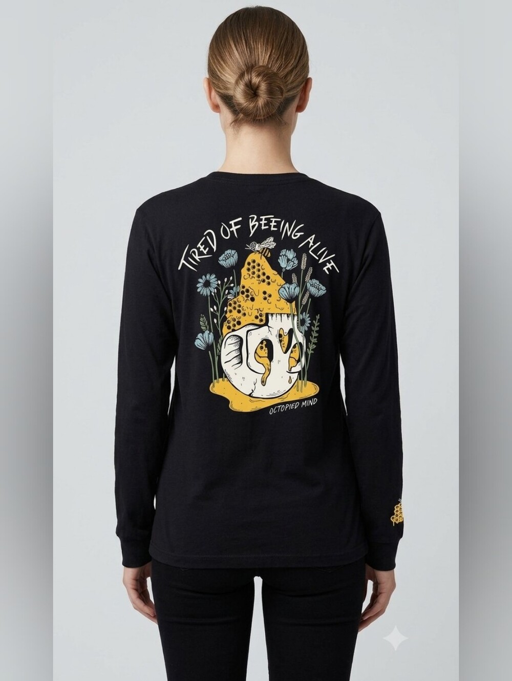 Octopied Mind OVERWHELMED tired skeleton bees black long sleeve medium